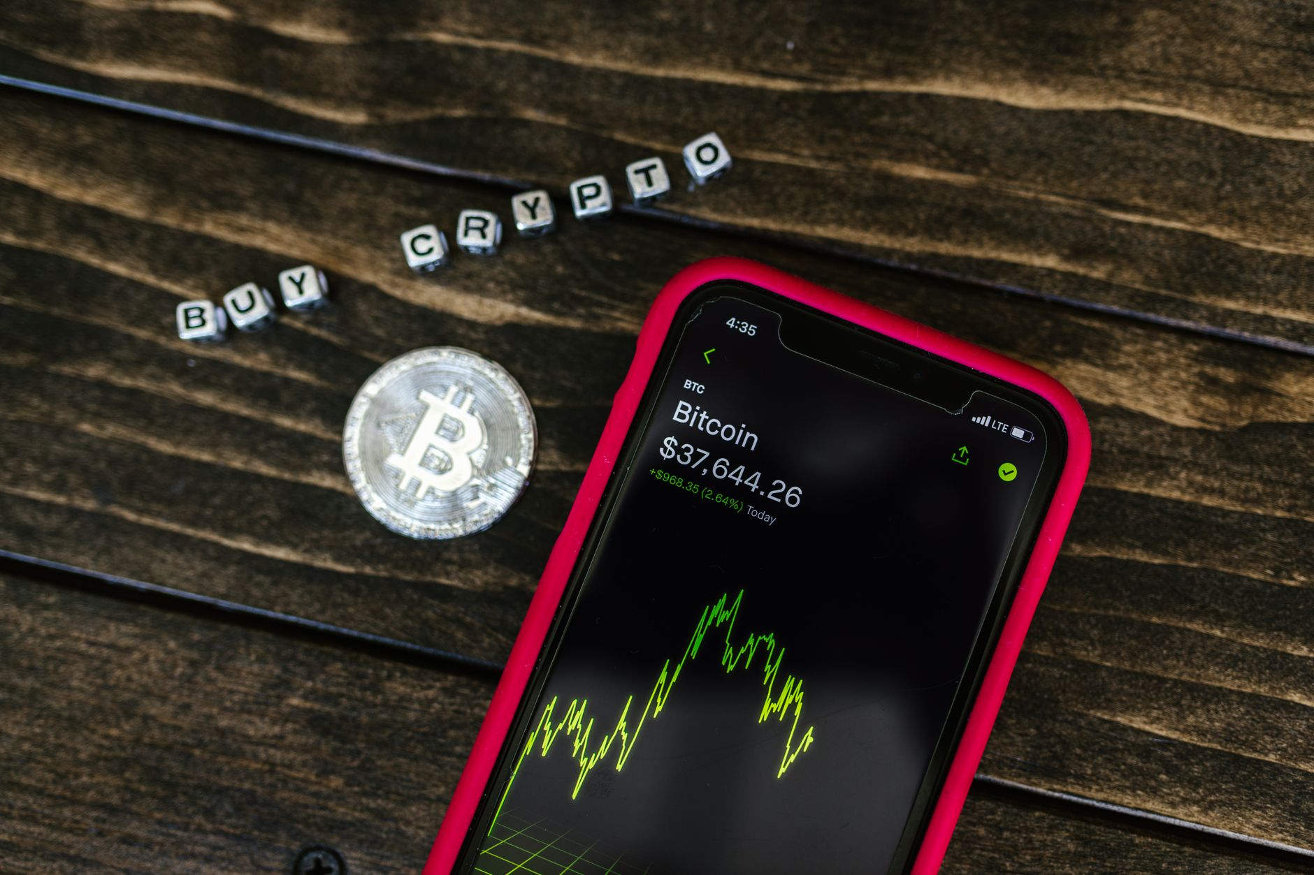 Smartphone displaying a cryptocurrency buying app next to a coffee cup